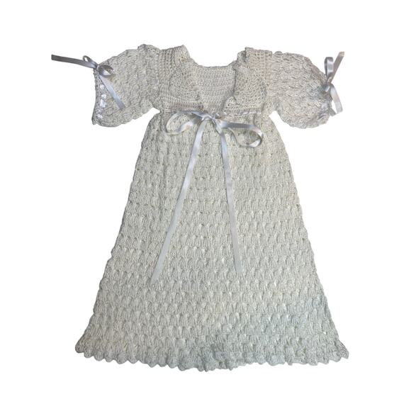 White Handcrafted Crochet Lace Ribbon Bow Button Christening Gown Formal Dress - Picture 1 of 8